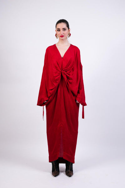 AKOK Red Silk Knotted Kaftan With Coin Emb indian designer wear online shopping melange singapore