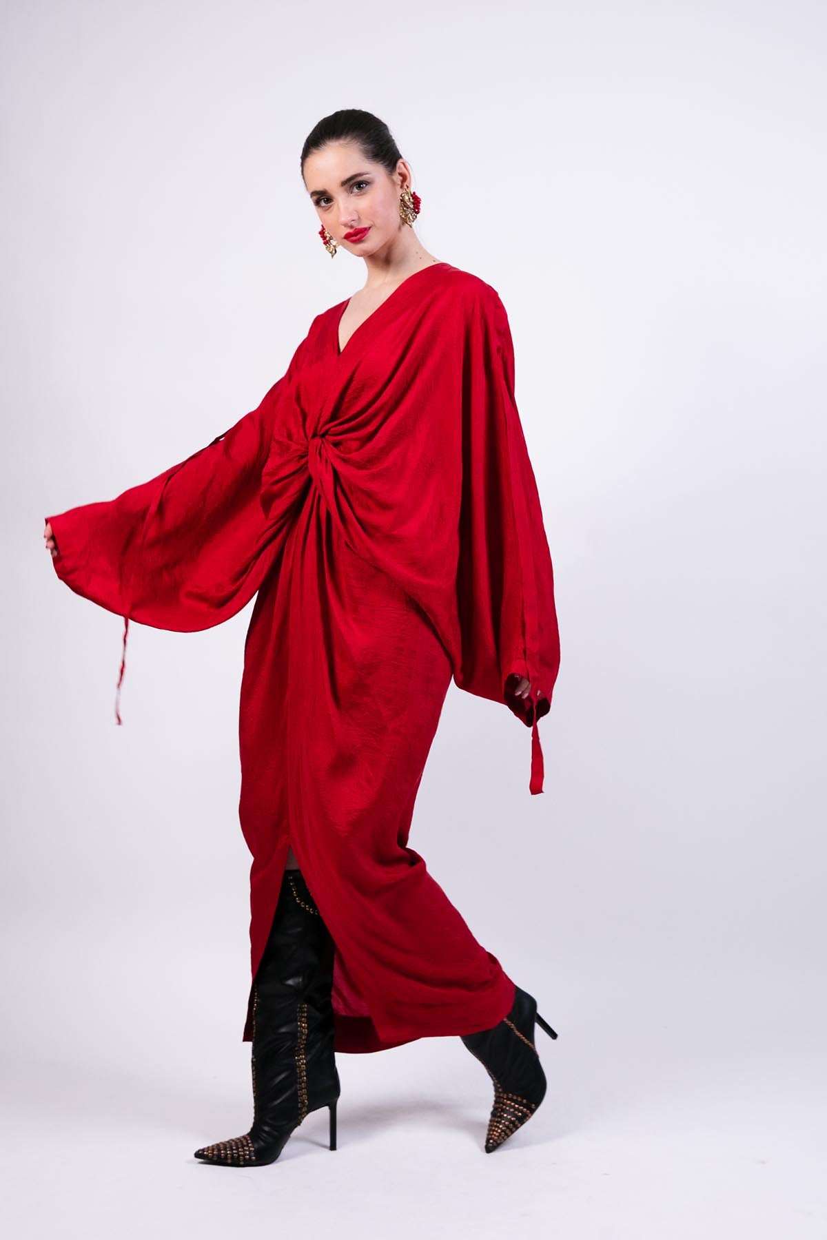 AKOK Red Silk Knotted Kaftan With Coin Emb indian designer wear online shopping melange singapore
