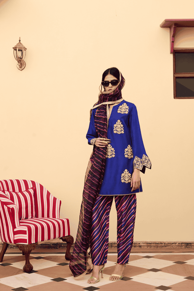 Archana Shah Blue Silk Buta Kurta Set indian designer wear online shopping melange singapore 
