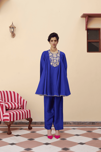 Archana Shah Blue Silk Yoke Kurta Set indian designer wear online shopping melange singapore 