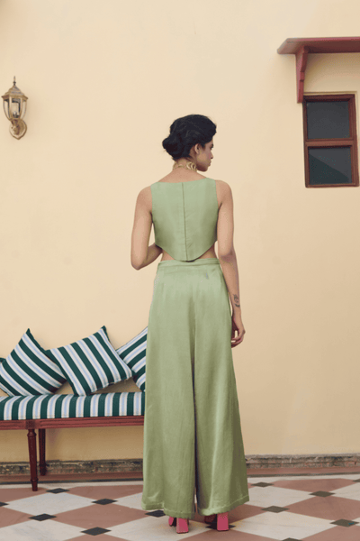Archana Shah Green Inverted Pleates Silk Pants With Zari Blouse indian designer wear online shopping melange singapore 

