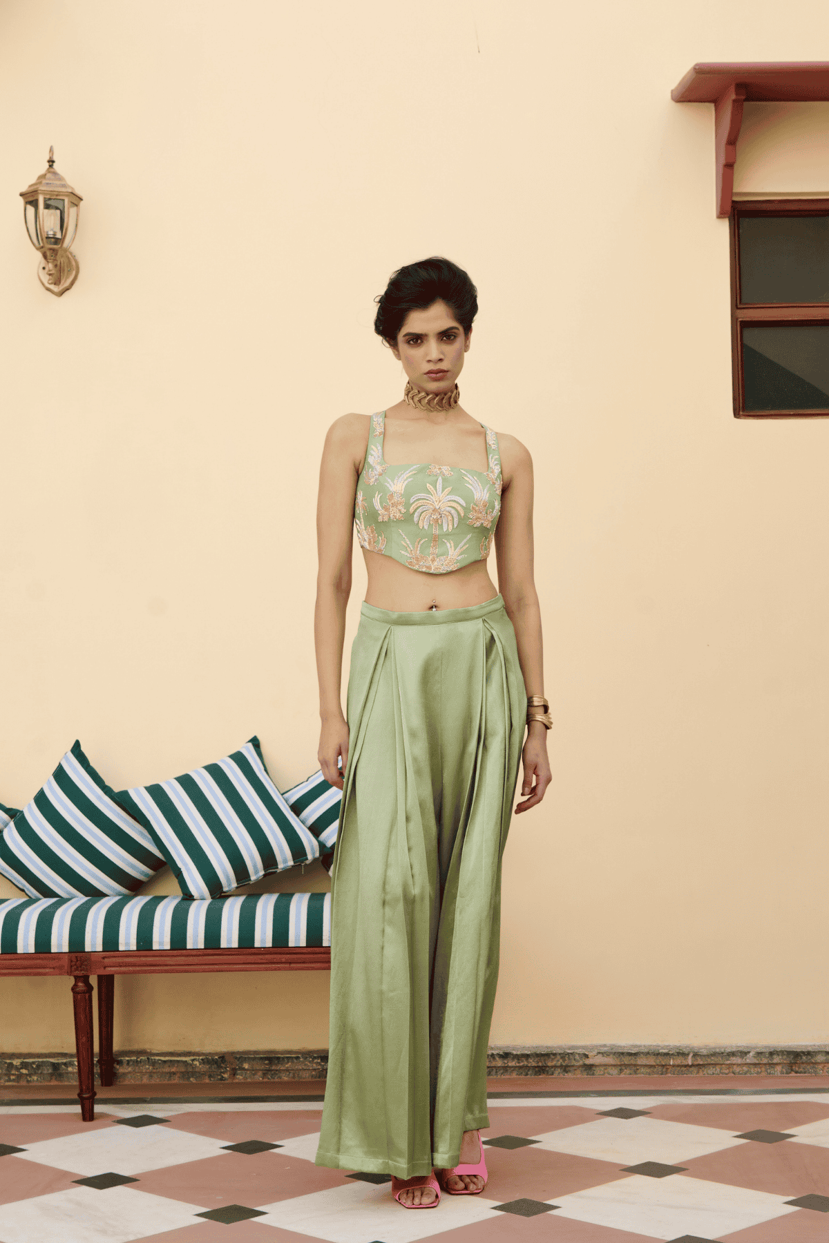 Archana Shah Green Inverted Pleates Silk Pants With Zari Blouse indian designer wear online shopping melange singapore 
