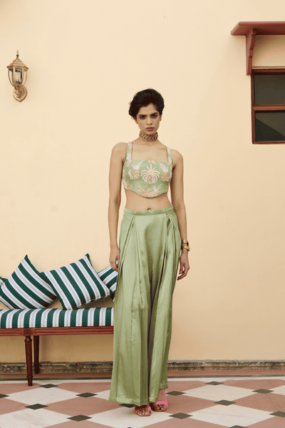 Archana Shah Green Inverted Pleates Silk Pants With Zari Blouse indian designer wear online shopping melange singapore 
