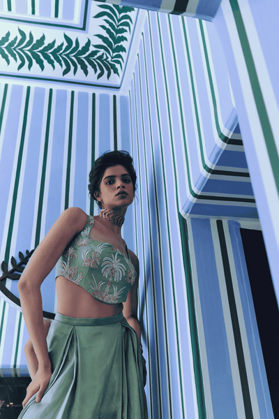 Archana Shah Green Inverted Pleates Silk Pants With Zari Blouse indian designer wear online shopping melange singapore 
