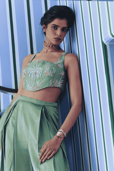 Archana Shah Green Inverted Pleates Silk Pants With Zari Blouse indian designer wear online shopping melange singapore 
