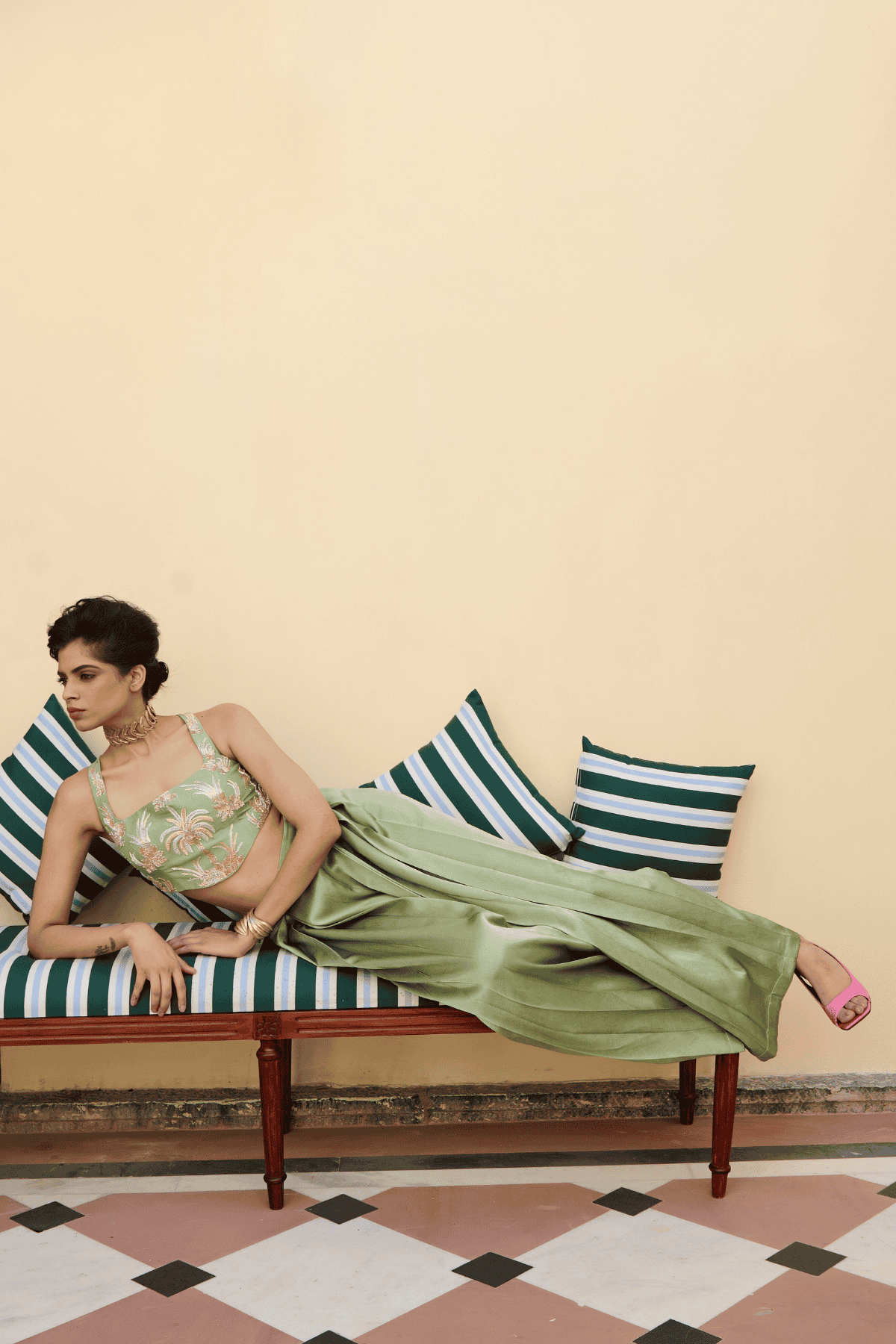 Archana Shah Green Inverted Pleates Silk Pants With Zari Blouse indian designer wear online shopping melange singapore 
