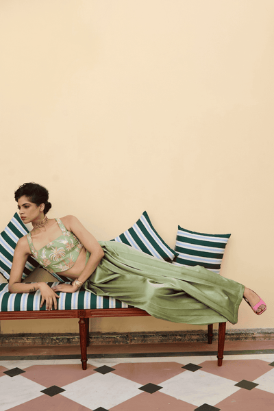 Archana Shah Green Inverted Pleates Silk Pants With Zari Blouse indian designer wear online shopping melange singapore 

