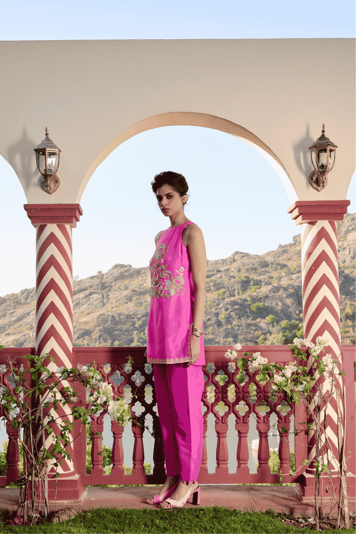 Archana Shah Light pink halter neck sharara indian designer wear online shopping melange singapore 