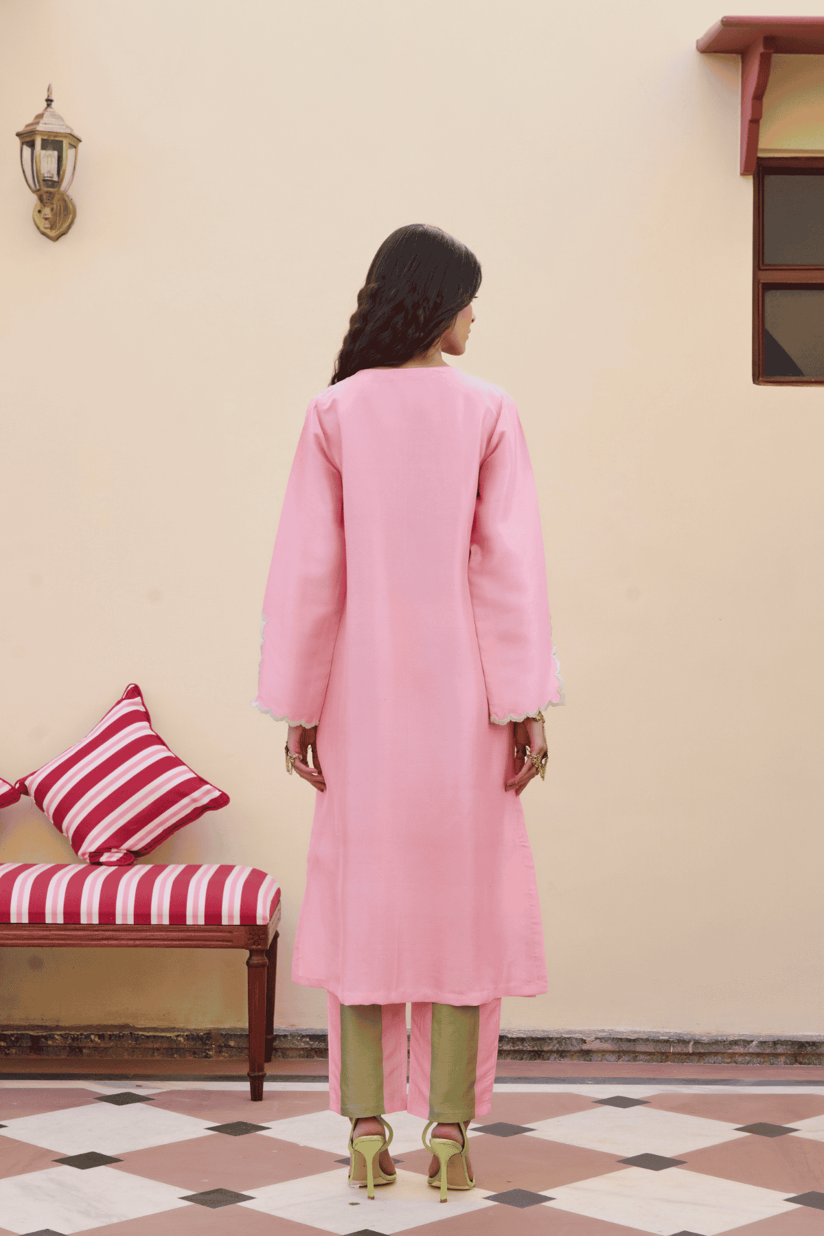 Archana Shah Light Pink Small Buta Neck Scallop Emb Kurta Set indian designer wear online shopping melange singapore 