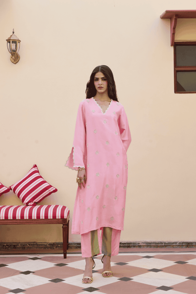 Archana Shah Light Pink Small Buta Neck Scallop Emb Kurta Set indian designer wear online shopping melange singapore 