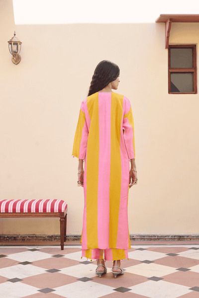 Archana Shah Light Pink Yellow Stripes Golden Emb Yoke Kurta Set indian designer wear online shopping melange singapore 