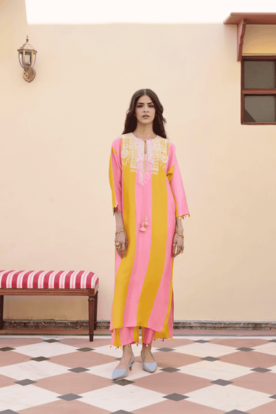 Archana Shah Light Pink Yellow Stripes Golden Emb Yoke Kurta Set indian designer wear online shopping melange singapore 