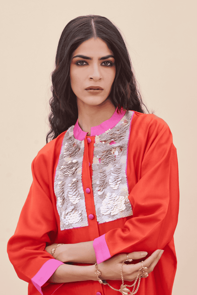 Archana Shah Orange Silk Coin Yoke Short Kaftan With Stripes Pant indian designer wear online shopping melange singapore 

