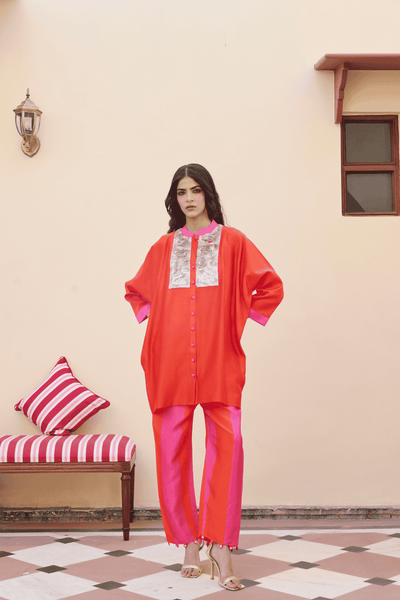Archana Shah Orange Silk Coin Yoke Short Kaftan With Stripes Pant indian designer wear online shopping melange singapore 

