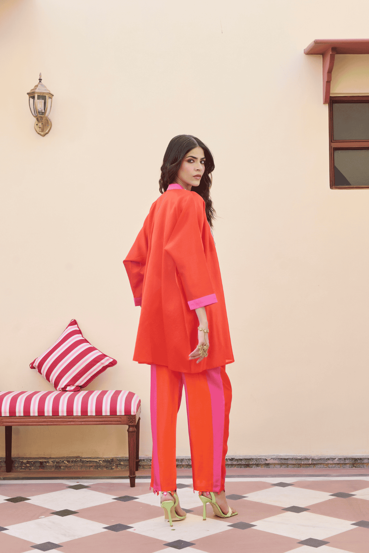 Archana Shah Orange Silk Coin Yoke Short Kaftan With Stripes Pant indian designer wear online shopping melange singapore 
