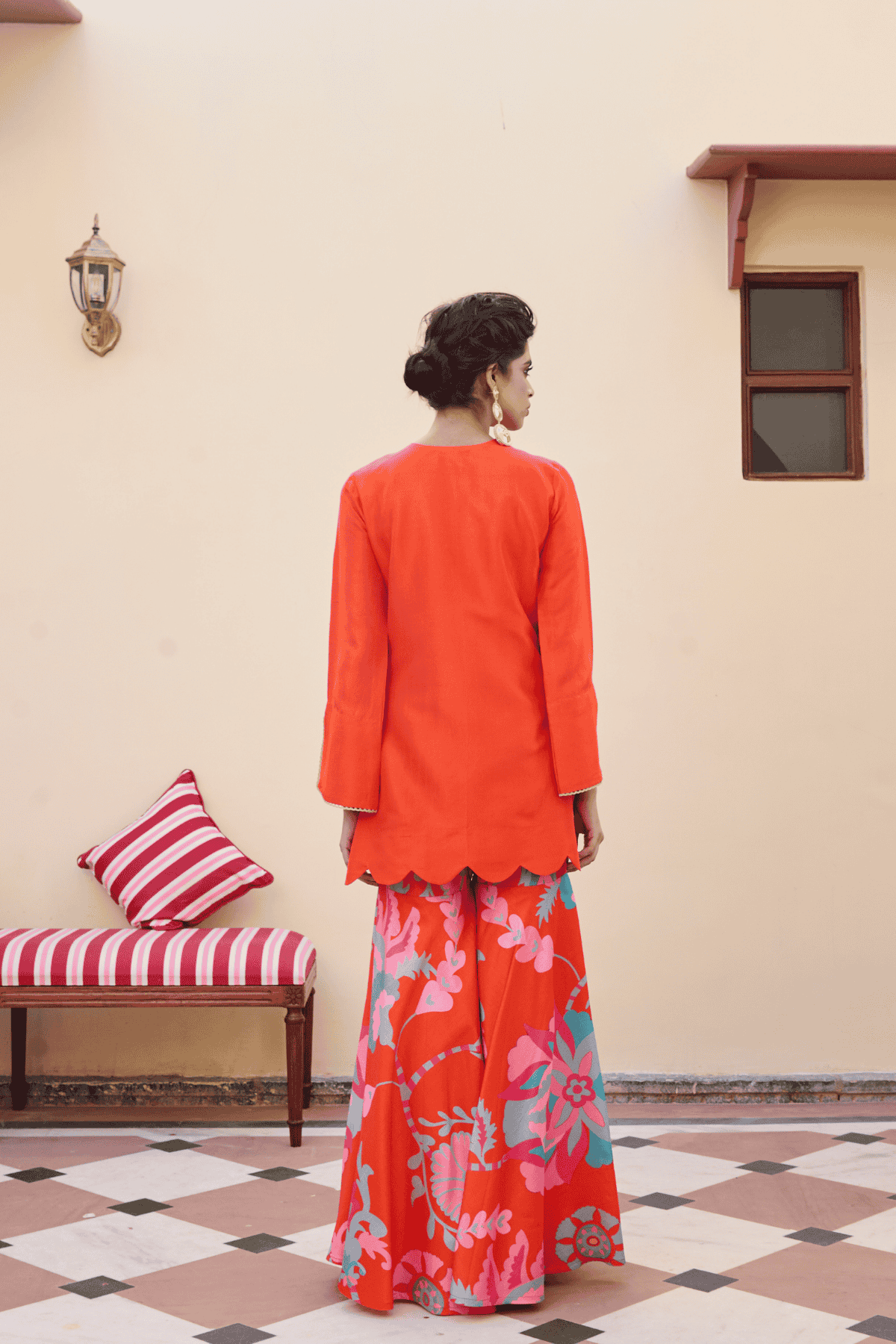 Archana Shah Orange Silk Hem Zari Work Sharara With Suzani Flared Pants indian designer wear online shopping melange singapore 