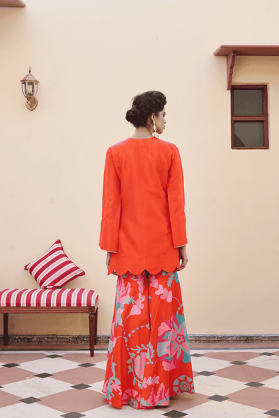 Archana Shah Orange Silk Hem Zari Work Sharara With Suzani Flared Pants indian designer wear online shopping melange singapore 