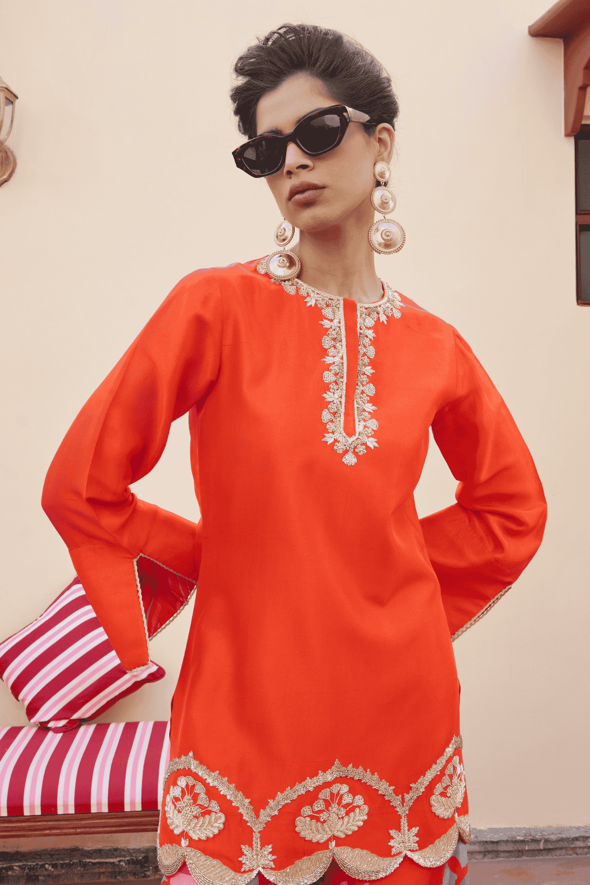 Archana Shah Orange Silk Hem Zari Work Sharara With Suzani Flared Pants indian designer wear online shopping melange singapore 