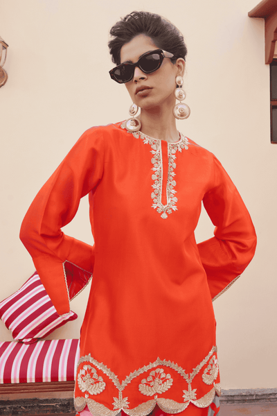 Archana Shah Orange Silk Hem Zari Work Sharara With Suzani Flared Pants indian designer wear online shopping melange singapore 