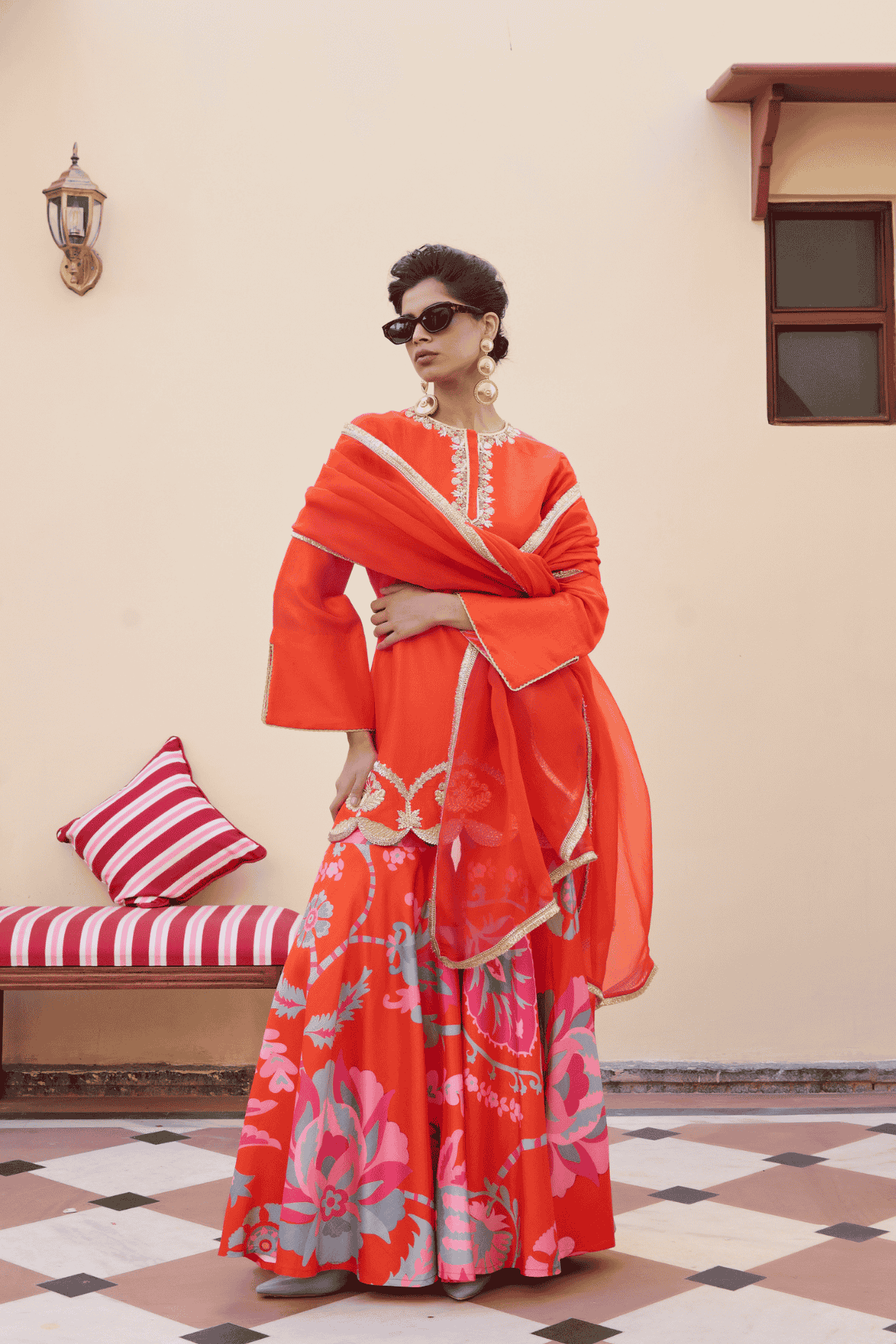 Archana Shah Orange Silk Hem Zari Work Sharara With Suzani Flared Pants indian designer wear online shopping melange singapore 
