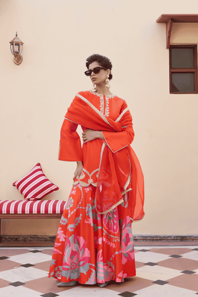 Archana Shah Orange Silk Hem Zari Work Sharara With Suzani Flared Pants indian designer wear online shopping melange singapore 