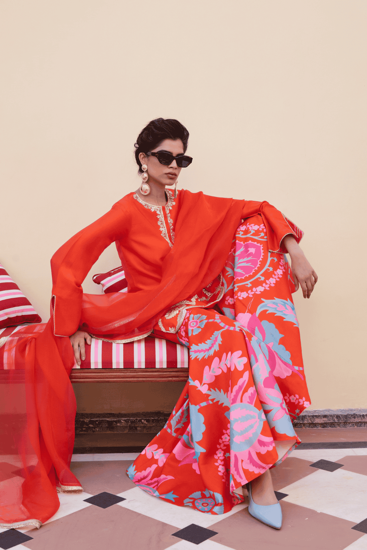 Archana Shah Orange Silk Hem Zari Work Sharara With Suzani Flared Pants indian designer wear online shopping melange singapore 