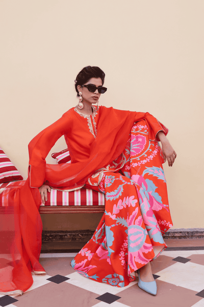 Archana Shah Orange Silk Hem Zari Work Sharara With Suzani Flared Pants indian designer wear online shopping melange singapore 