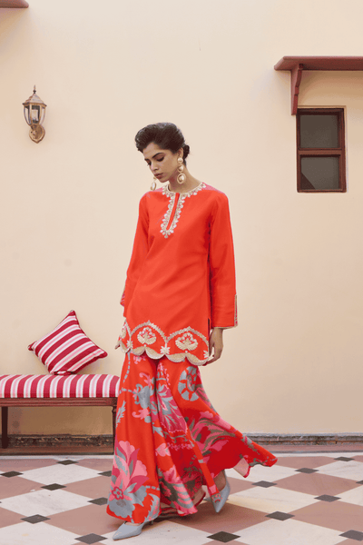 Archana Shah Orange Silk Hem Zari Work Sharara With Suzani Flared Pants indian designer wear online shopping melange singapore 