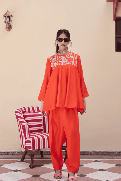 Archana Shah Orange Silk Peplum Sharara indian designer wear online shopping melange singapore 