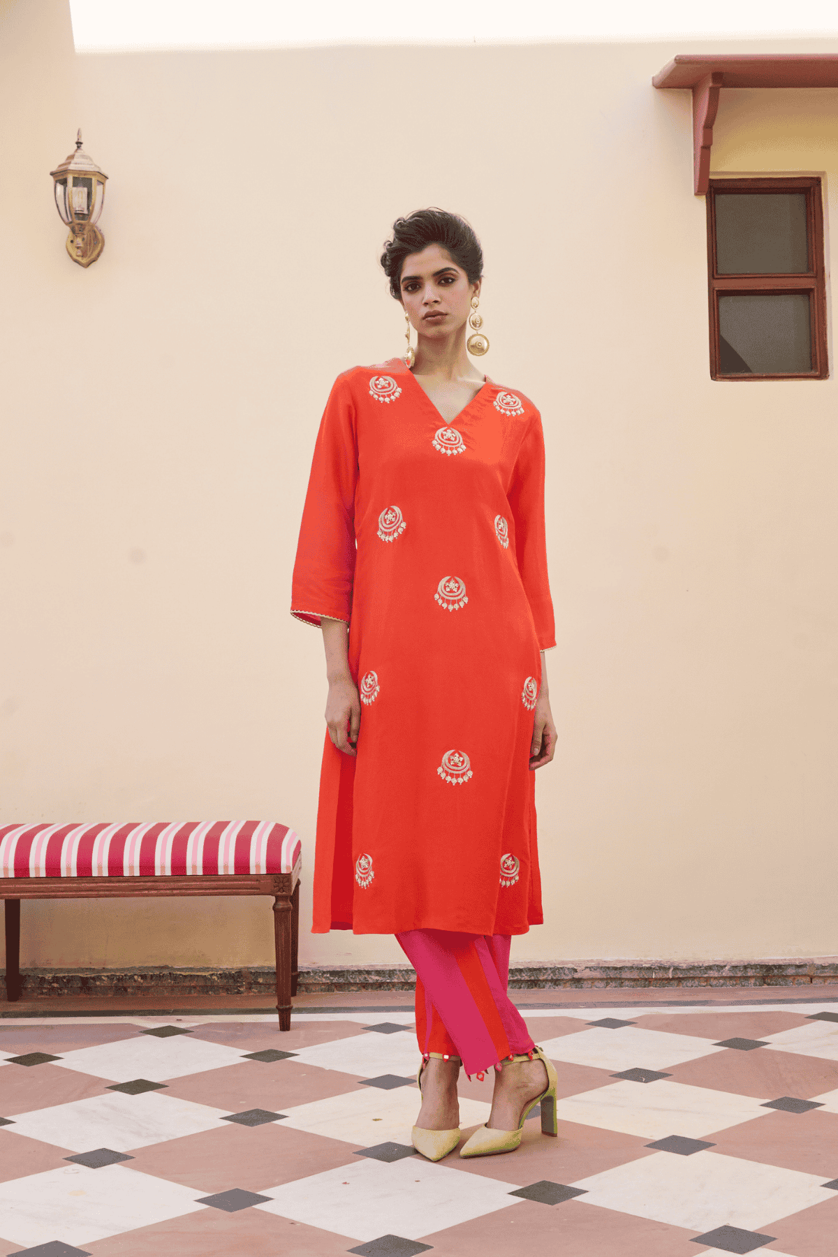 Archana Shah Orange Silk Small Moon Buta Kurta Set indian designer wear online shopping melange singapore 