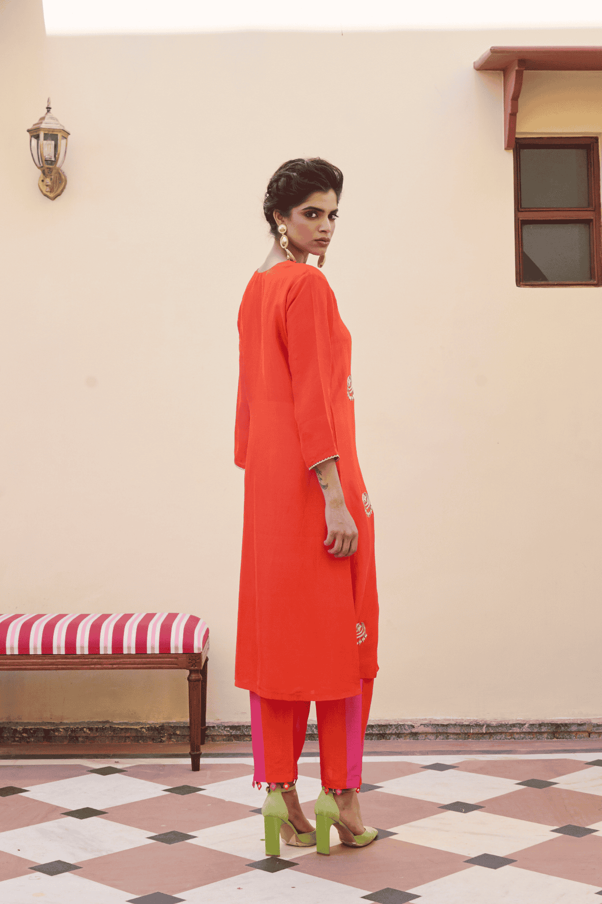 Archana Shah Orange Silk Small Moon Buta Kurta Set indian designer wear online shopping melange singapore 