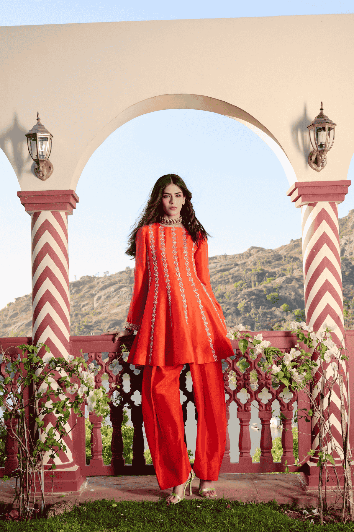 Archana Shah Orange Stripes Zari Emb Sharara Set indian designer wear online shopping melange singapore 
