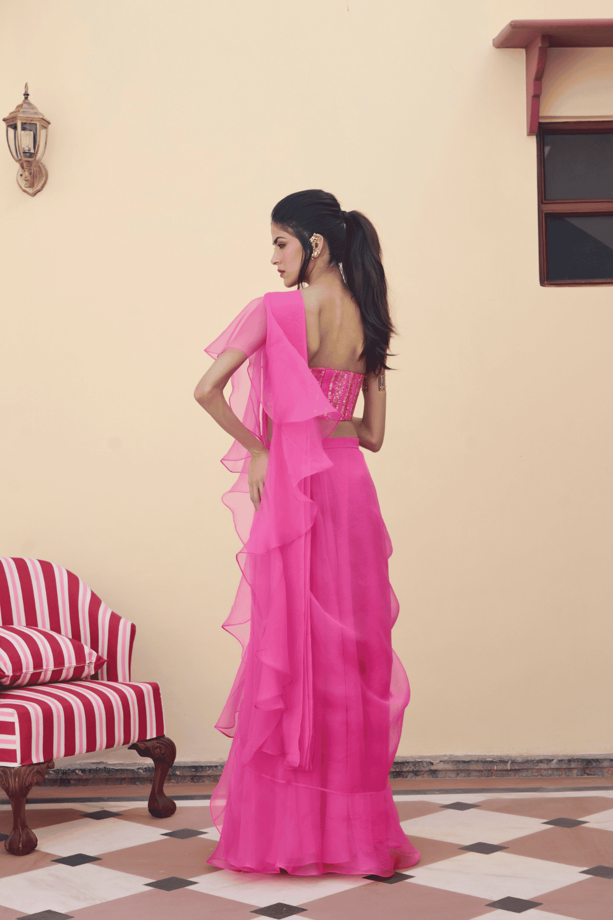 Archana Shah Pink Organza Saree With Sequence Corset indian designer wear online shopping melange singapore 
