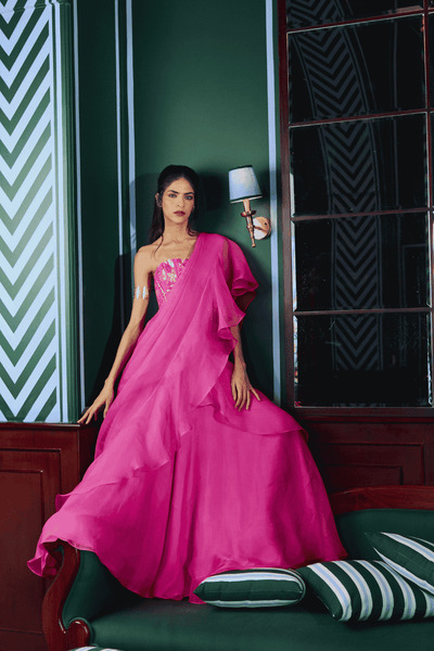 Archana Shah Pink Organza Saree With Sequence Corset indian designer wear online shopping melange singapore 