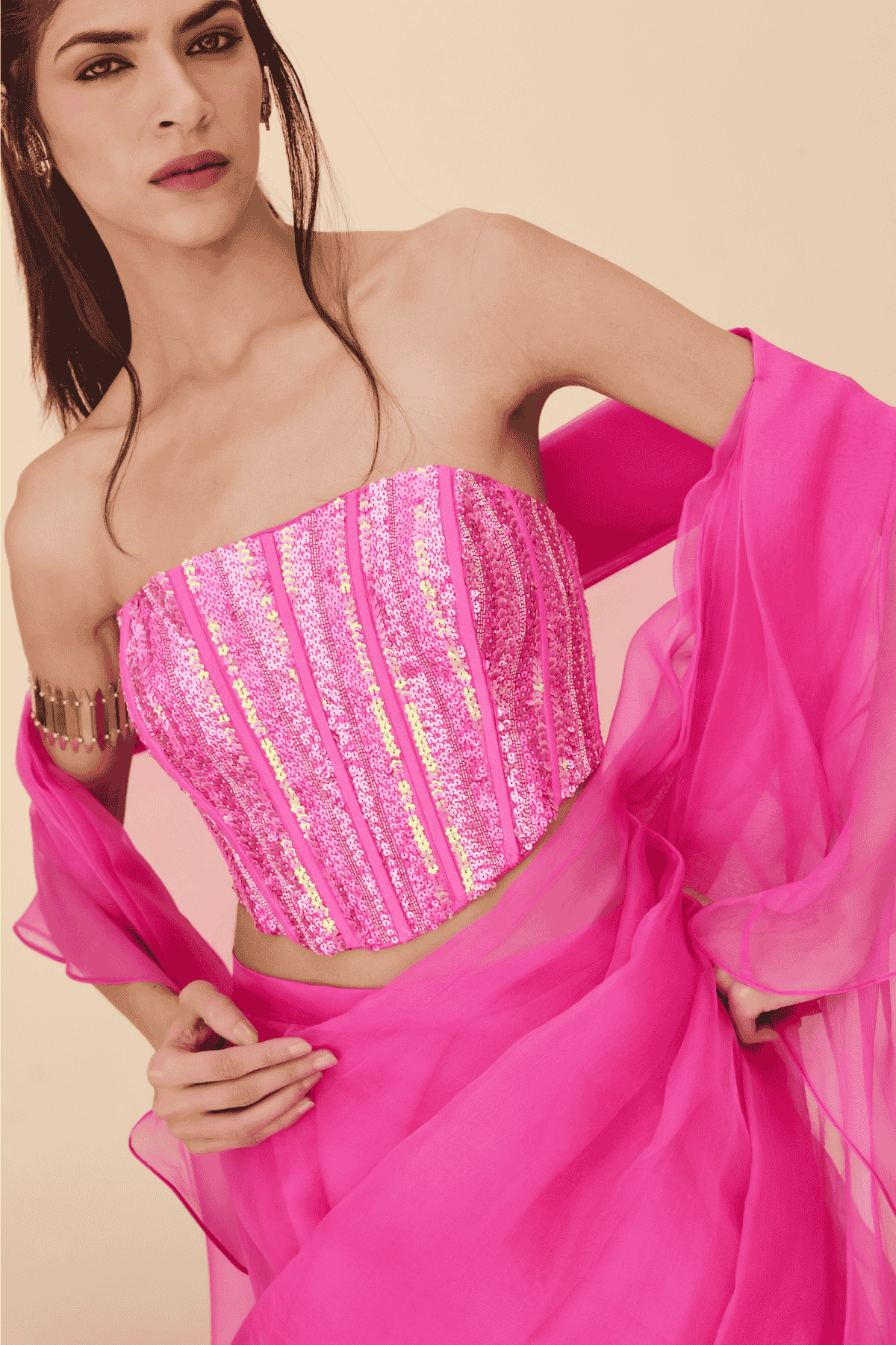 Archana Shah Pink Organza Saree With Sequence Corset indian designer wear online shopping melange singapore 