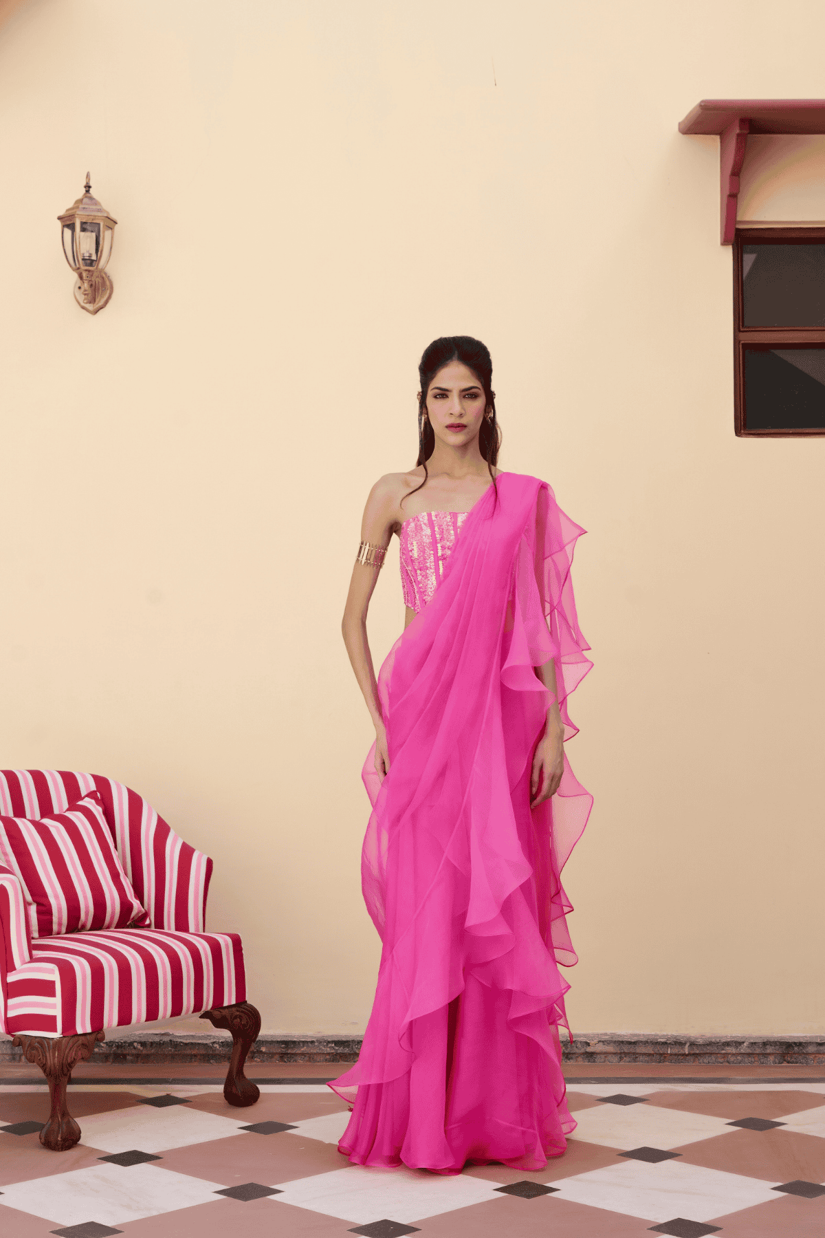 Archana Shah Pink Organza Saree With Sequence Corset indian designer wear online shopping melange singapore 