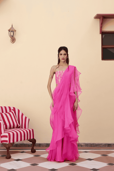 Archana Shah Pink Organza Saree With Sequence Corset indian designer wear online shopping melange singapore 