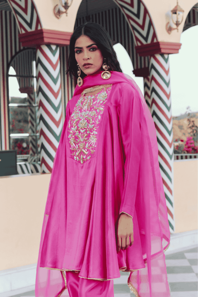 Archana Shah Pink Silk Yoke Kurta Set indian designer wear online shopping melange singapore 