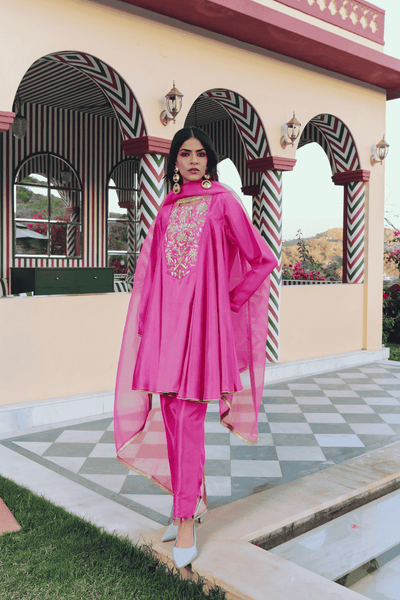 Archana Shah Pink Silk Yoke Kurta Set indian designer wear online shopping melange singapore 