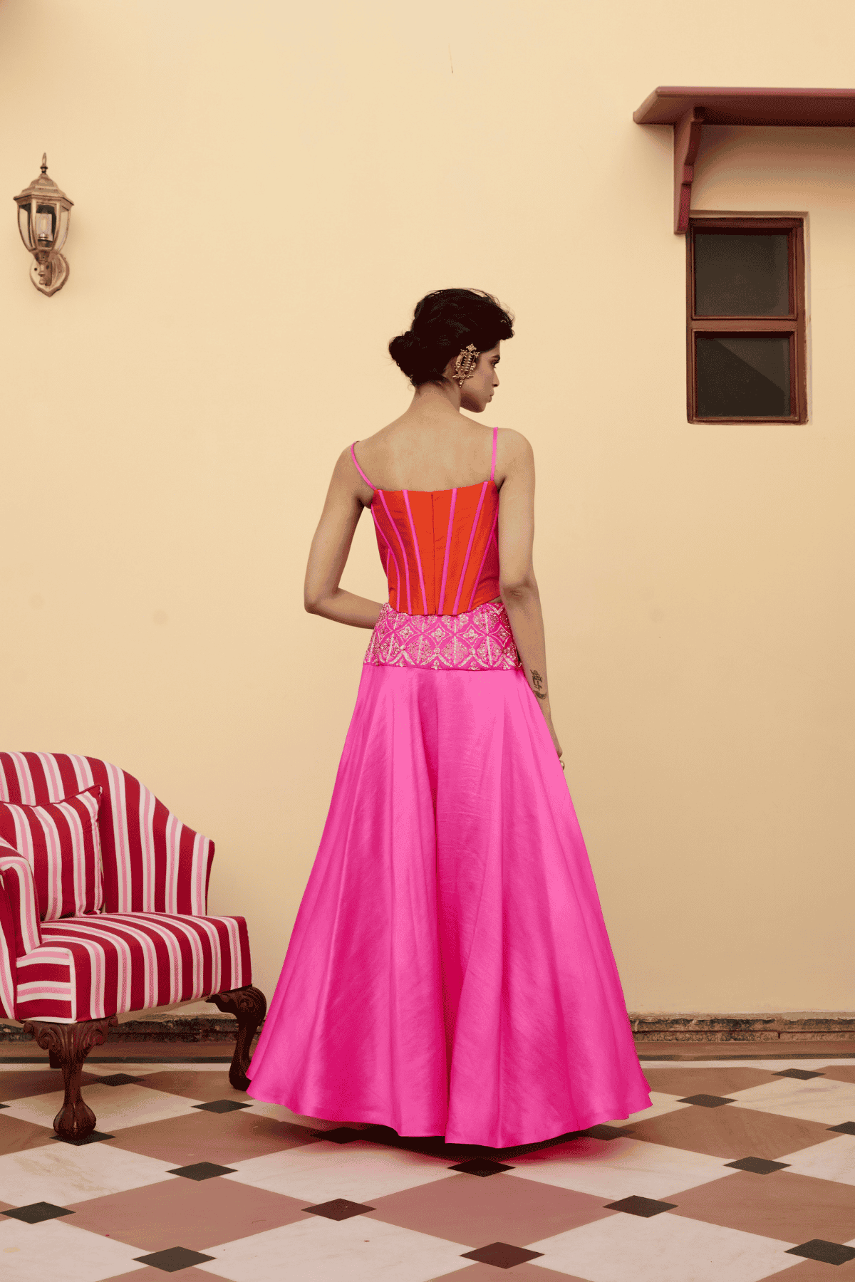 Archana Shah Pink Silk Zari Belt Skirt With Corset Style Blouse indian designer wear online shopping melange singapore 