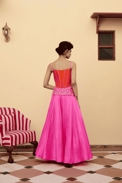 Archana Shah Pink Silk Zari Belt Skirt With Corset Style Blouse indian designer wear online shopping melange singapore 