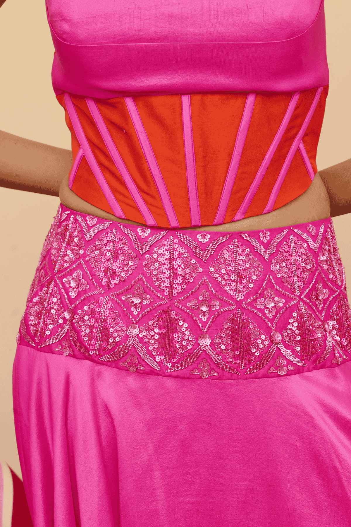 Archana Shah Pink Silk Zari Belt Skirt With Corset Style Blouse indian designer wear online shopping melange singapore 
