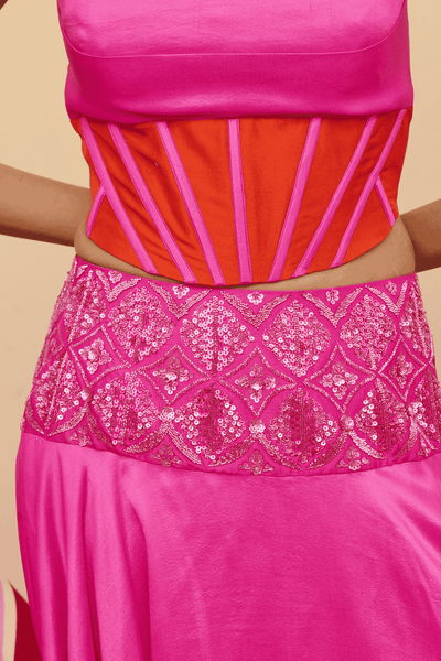 Archana Shah Pink Silk Zari Belt Skirt With Corset Style Blouse indian designer wear online shopping melange singapore 