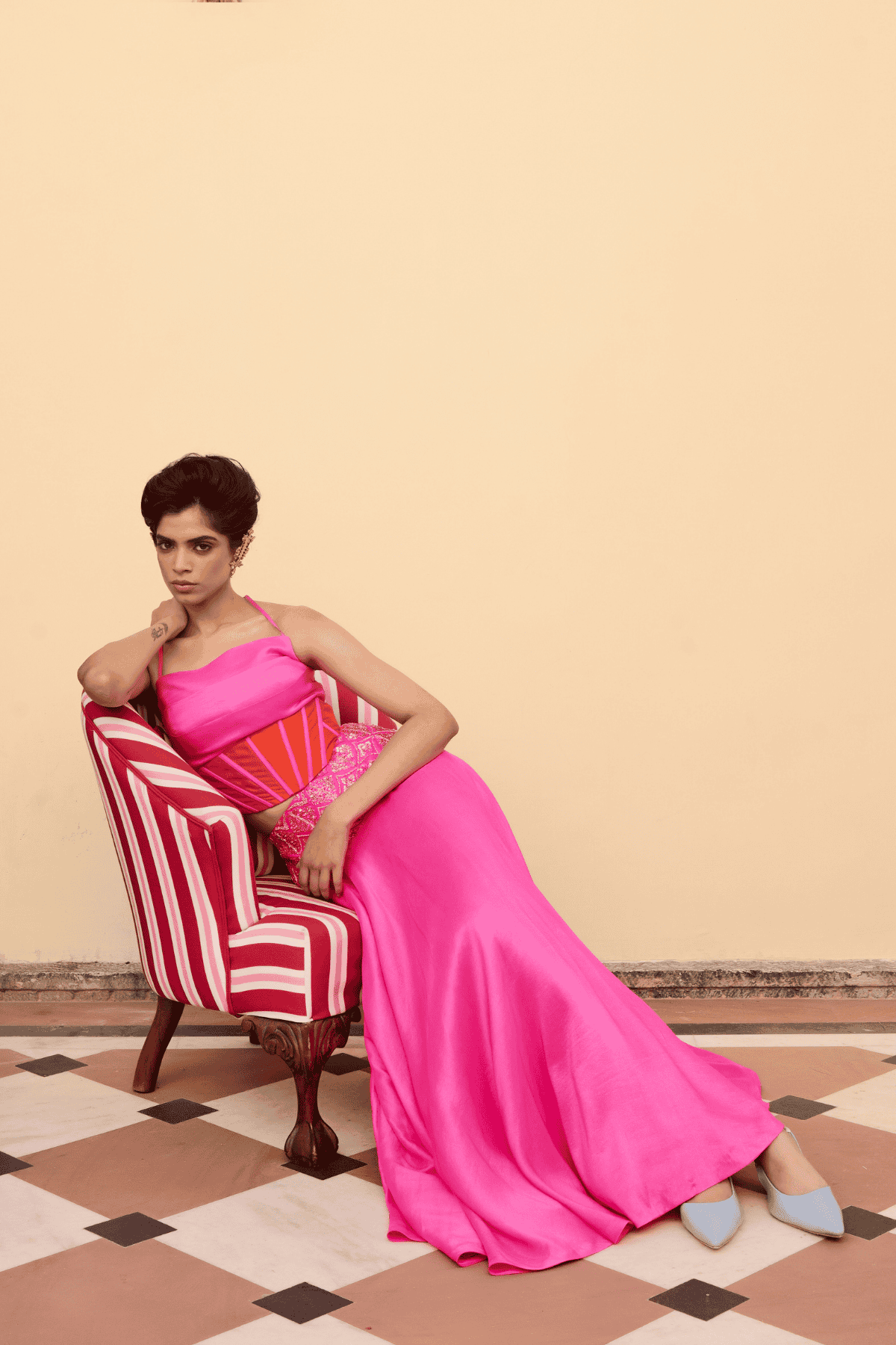 Archana Shah Pink Silk Zari Belt Skirt With Corset Style Blouse indian designer wear online shopping melange singapore 