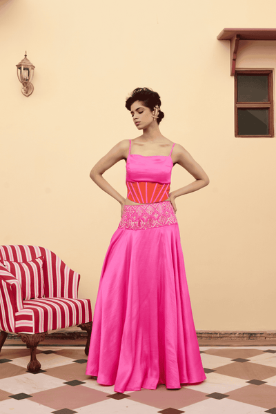 Archana Shah Pink Silk Zari Belt Skirt With Corset Style Blouse indian designer wear online shopping melange singapore 