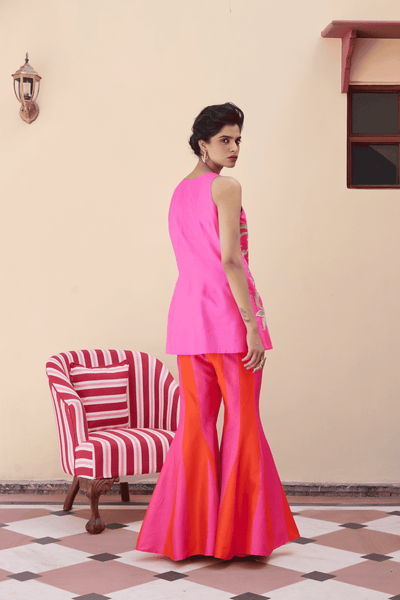 Archana Shah Pink Silk Zari Butas With Stripes Bell Pants indian designer wear online shopping melange singapore 