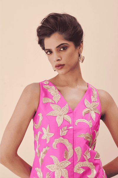 Archana Shah Pink Silk Zari Butas With Stripes Bell Pants indian designer wear online shopping melange singapore 