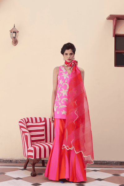 Archana Shah Pink Silk Zari Butas With Stripes Bell Pants indian designer wear online shopping melange singapore 