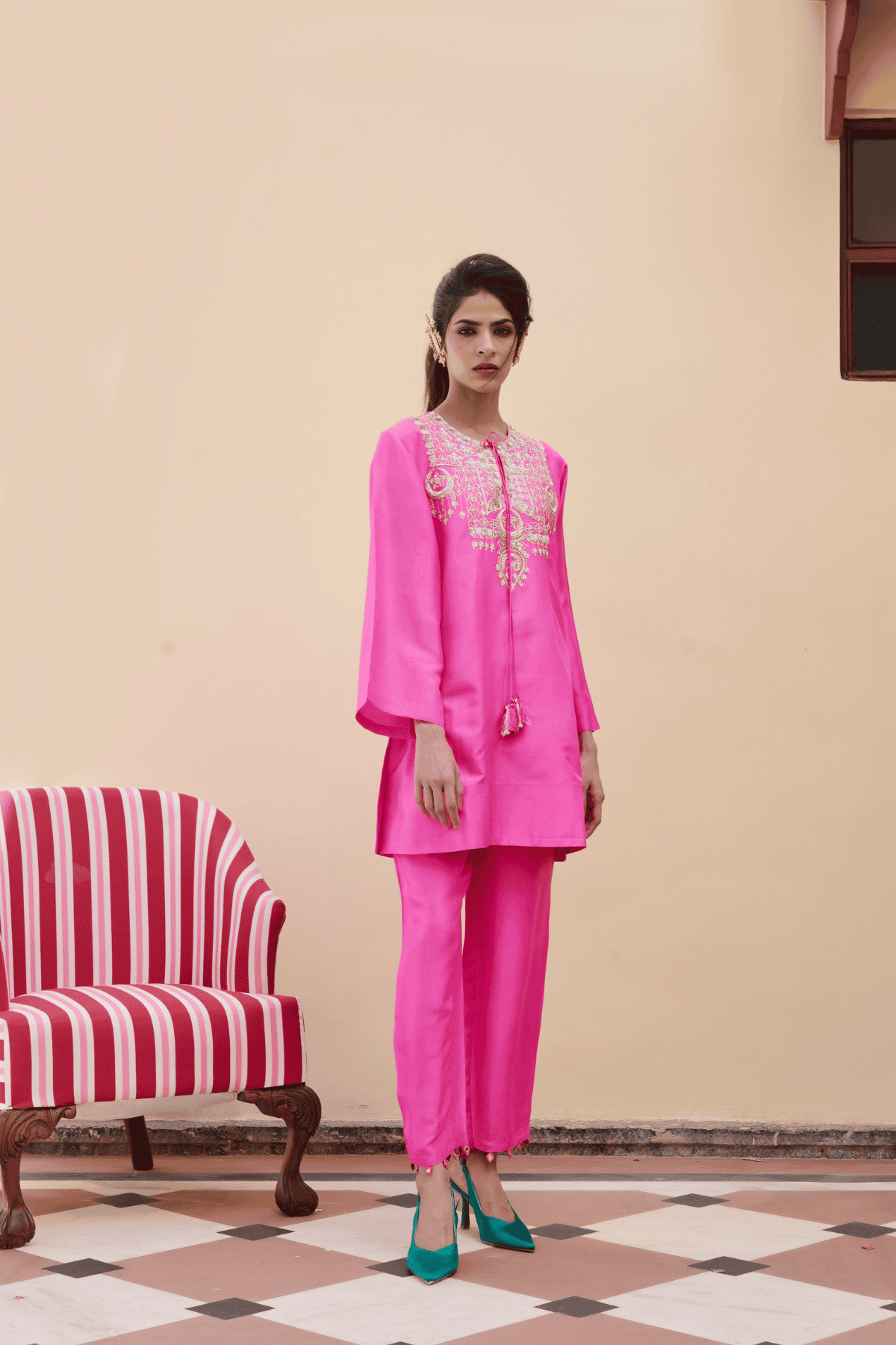 Archana Shah Pink Silk Zari Moon Yoke Kurta Set indian designer wear online shopping melange singapore 