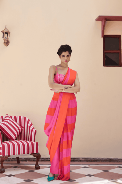 Archana Shah Pink Stripes Saree With Sequence Blouse indian designer wear online shopping melange singapore 